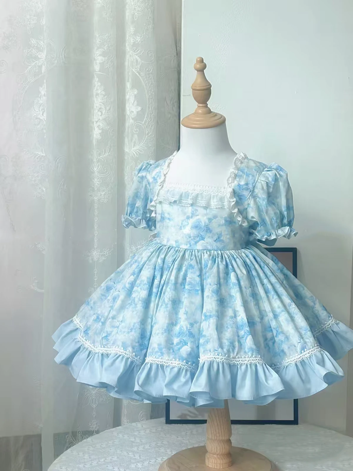 Summer Girls Sky blue Floral Print Back Smoked Dress For Casual Party Birthday Wedding Photography