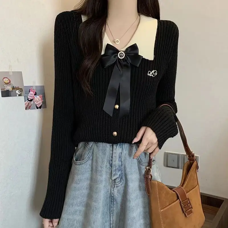 Preppy Style Doll Collar Bow Sweaters Female Clothing Stylish Single-breasted Autumn Winter Solid Color Loose Knitted Cardigan