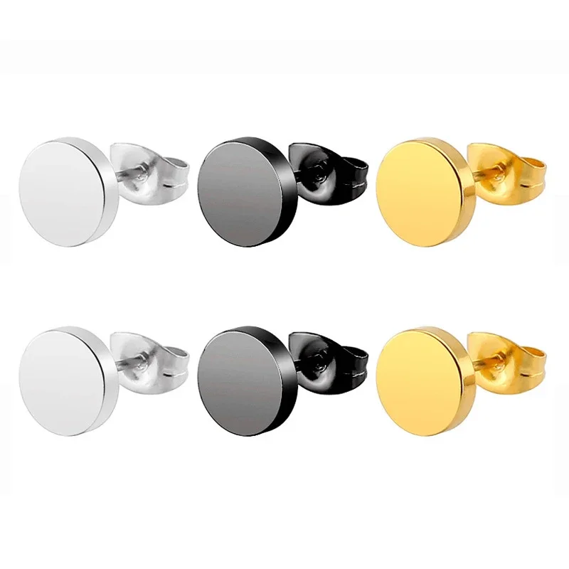 1 Pair Stainless Steel Ear Studs Earrings Black Silver Color Round Shaped Clasp Push Back Earrings for Women Men Jewelry Gift