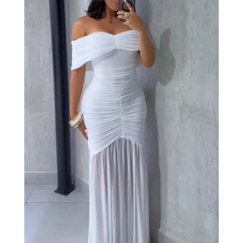 

2025 Fashion Women Off Shoulder Ruched Cinched Waist Evening Dress Slim Fit Mermaid Hem Dress for Party Wedding