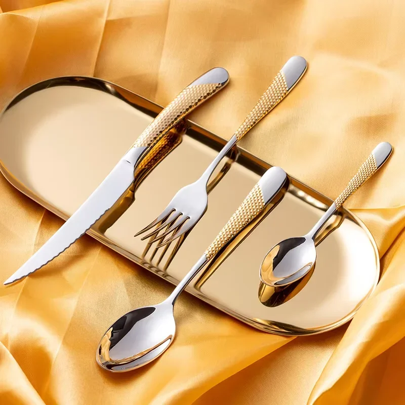 24pc star diamond cutlery set, stainless steel knife fork spoon tea spoon cutlery set, suitable for holiday parties.