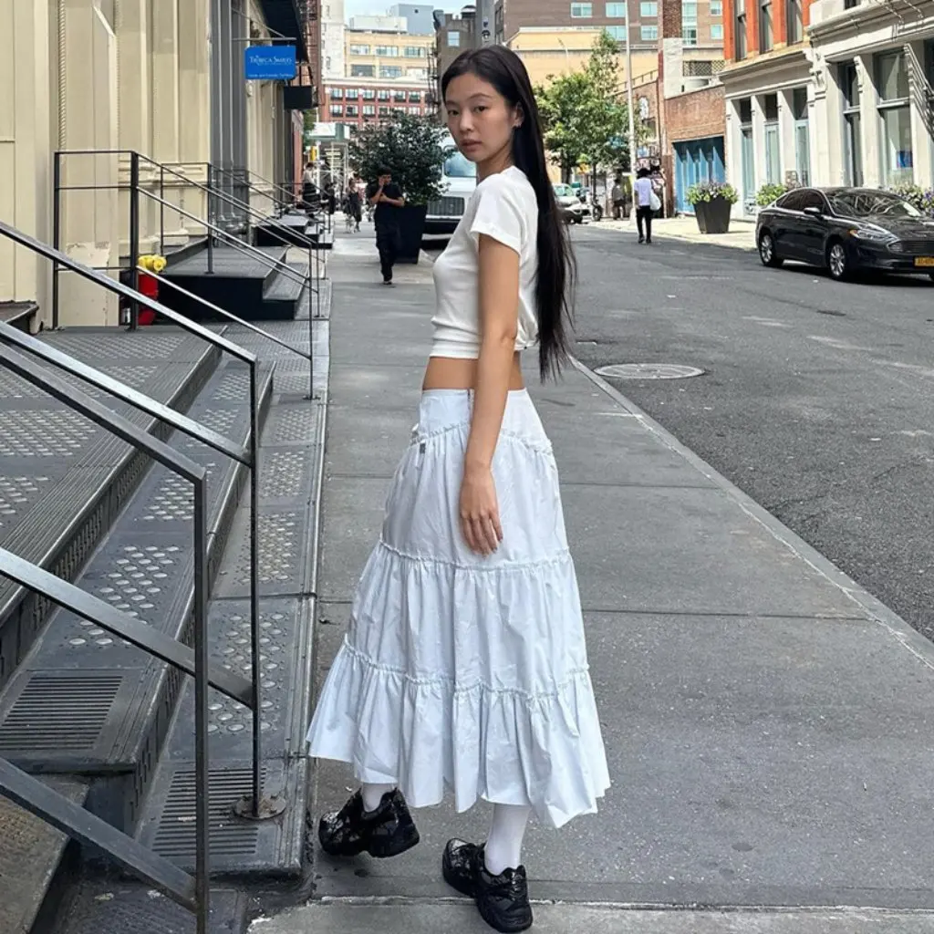 

Women's American-Style Mid-Length Pleated Skirt Low Waist Slimming A-Line Casual Dress White Umbrella Skirt for Autumn