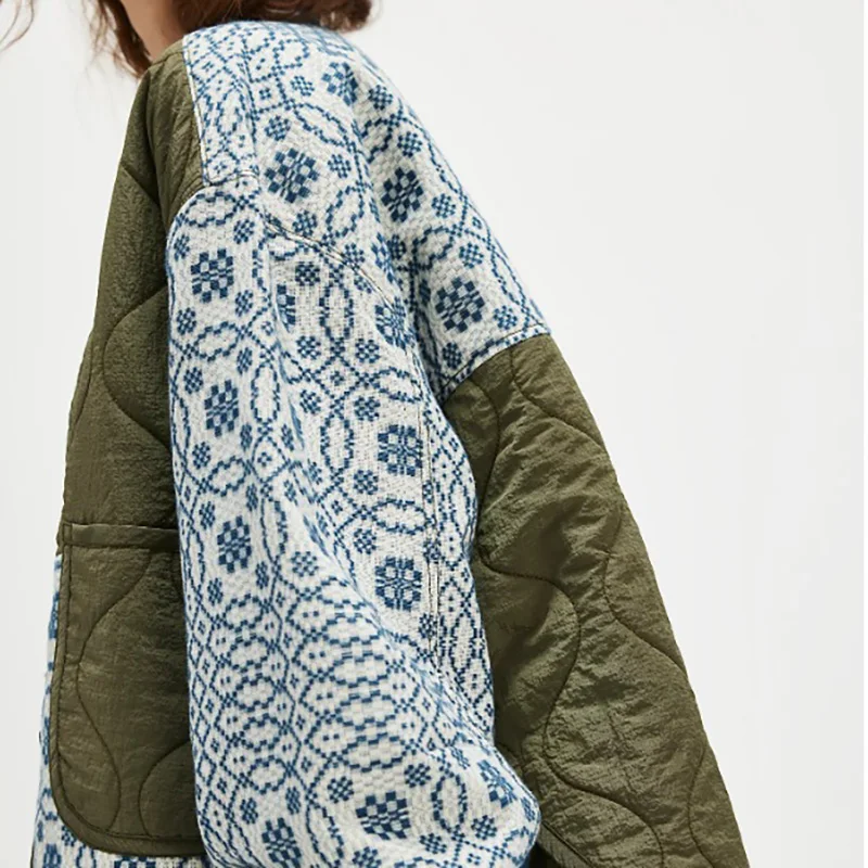 

Autumn Winter Women Long Sleeve O-neck Jacket Fashion Floral Printed Spliced Pocket Outerwear Elegant Loose Women's Commute Coat