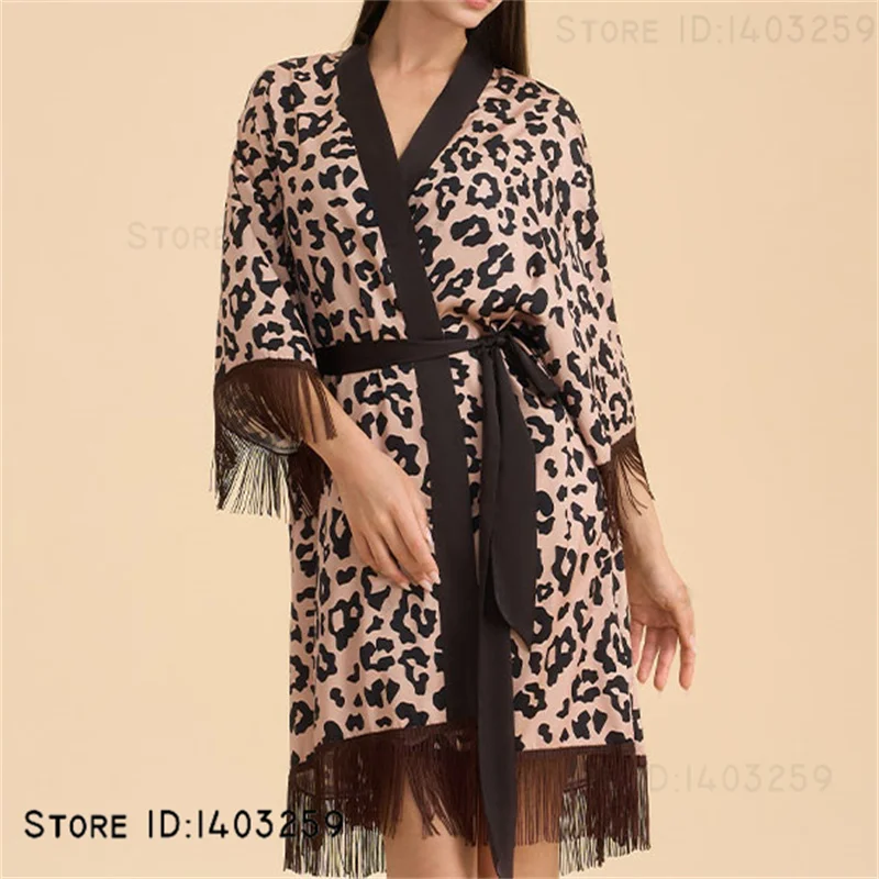 

Sexy Leopard Tassel Women's Robe Kimono Bathrobe Gown Spring Summer New Sleepwear Nightgown Loose Satin Nightwear Loungewear