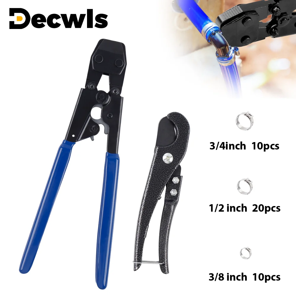 3-In-1 PEX Cinch Crimping Tool Crimper for 3/8、1/2 、3/4 Inch Stainless Steel Clamps, with Pipe Cutter & 40PCS PEX Pipe Clamps