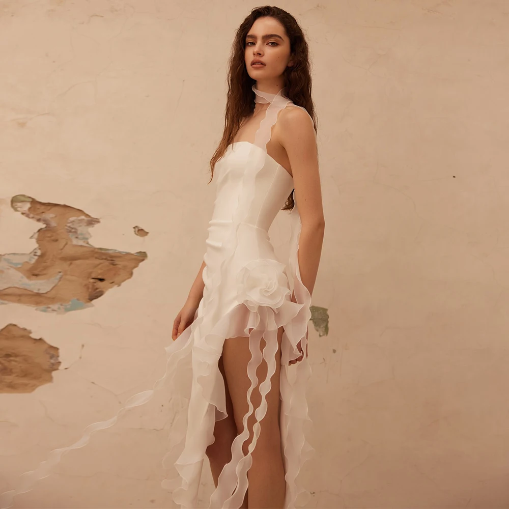 

Dreamy Short Bridal Gowns Satin Sheath/Column Civil Wedding Dress Ivory Strapless Ruffles 3D flower Side Split Mini Wedding Gown