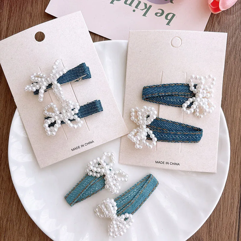 2Pcs Korean Sweet Denim Pearls Bowknot Hairpins Cute Girls Children Hair Clip Bangs Side Clip BB Hairpins Women Hair Accessories