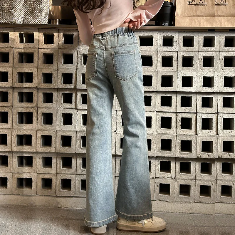 New Girls Flare Sequin Design Jeans for Kids Spring Autumn Teenage High Elasticity Bell-bottom Trousers Skinny Denim Pants