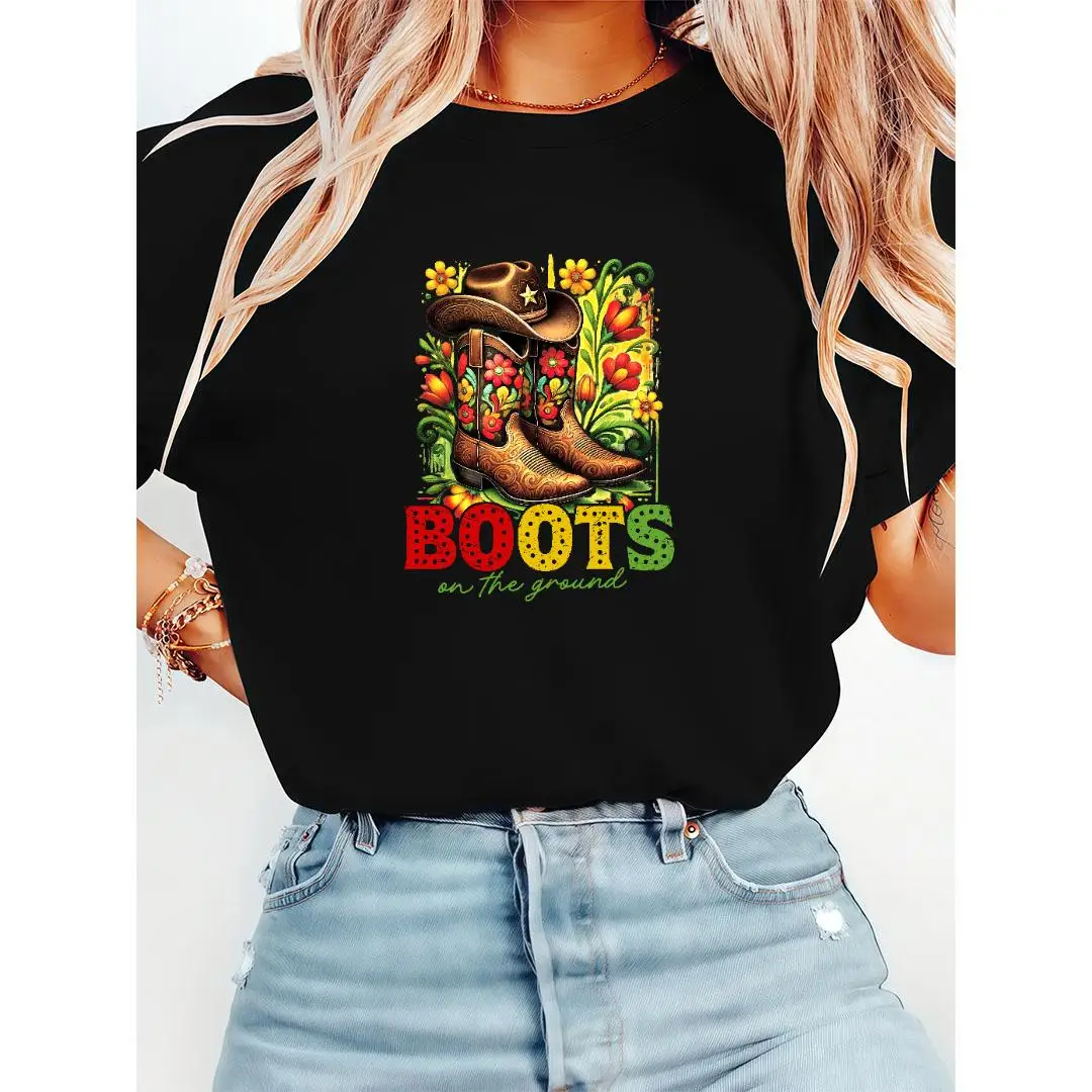 

Cowboy Boots T-shirt, Boots on the Ground Print Shirt, Floral Graphic Tee, Women's Country Slogan Top, Casual Summer Unisex