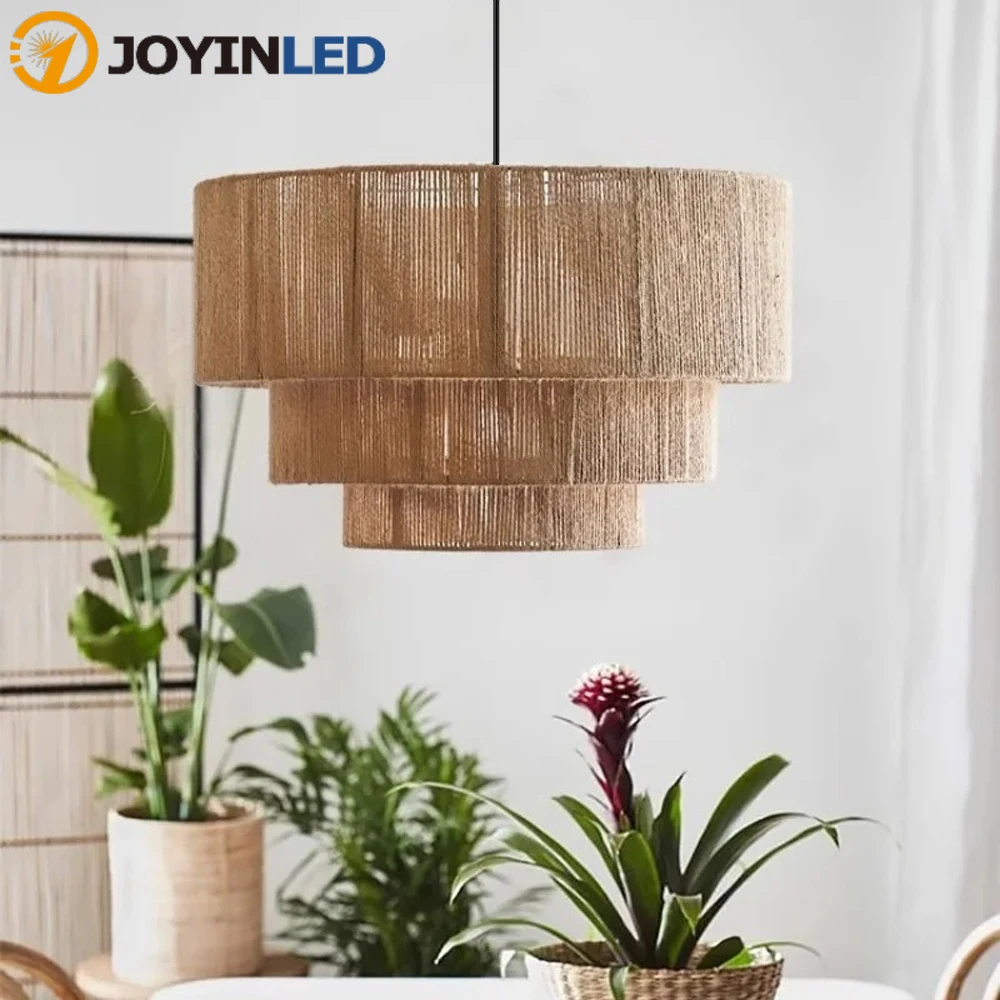 

JOYINLED Japanese Style Hemp Rope Chandelier Modern 3-Tier LED Ceiling Lights Living Room Dining Room Restaurant Pendant Lamp