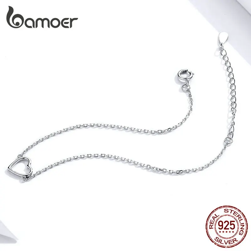 BAMOER Classic Personalized Heart Bracelet, 925 Sterling Silver Dainty Link Chain Bracelet for Women Teen Girls
