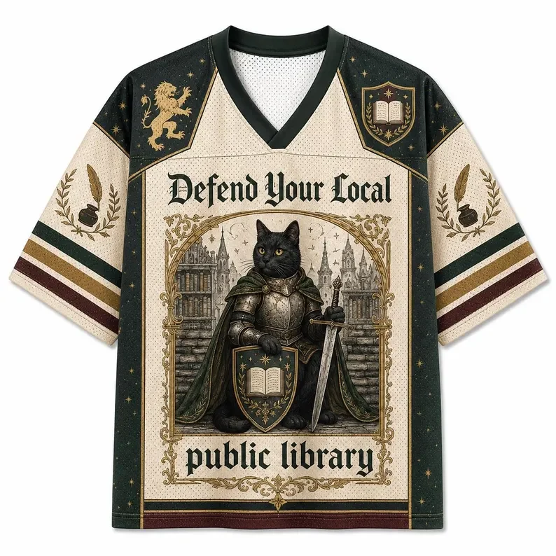 Medieval Knight Black Cat T-shirt 3D Printed To Protect Your Local Public Library Cream Dark Green Retro Book Enthusiast Top