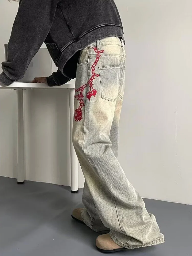 

Мужские джинсы Cleanfit желтого цвета грязи с вышивкой, прямые брюки с микро-расклешенными штанами, широкие джинсы с высокой талией, повседневные модные джинсы