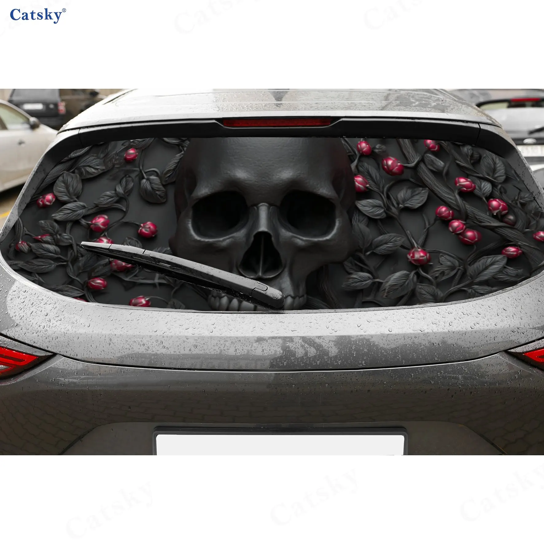 

Mysterious Black Skull with Red Berries PVC Perforated Car Vinyl Wraps, Durable Car Rear Windshield Sticker, Waterproof Car Rear