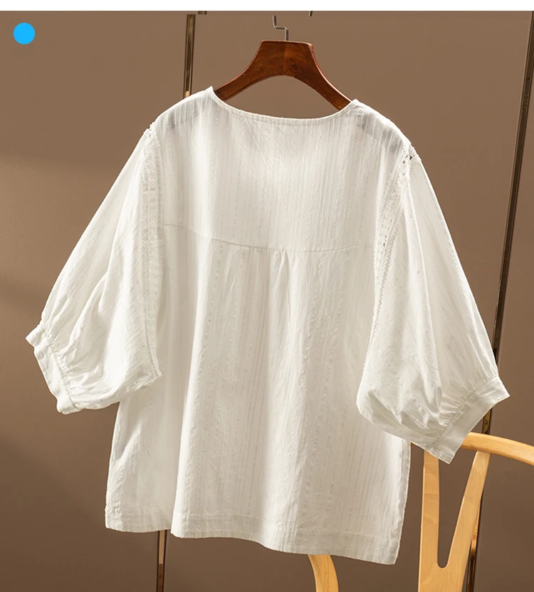 High Quality Pure Cotton Loose Round Neck Seven-quarter  Shirt Women 5W89 Blouse and Top