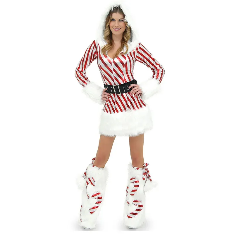 

Women Christmas Hooded Set Dress Up Winter Velvet Striped Mrs Claus Santa Cosplay Costume Xmas Holidays Party Fancy Dresses