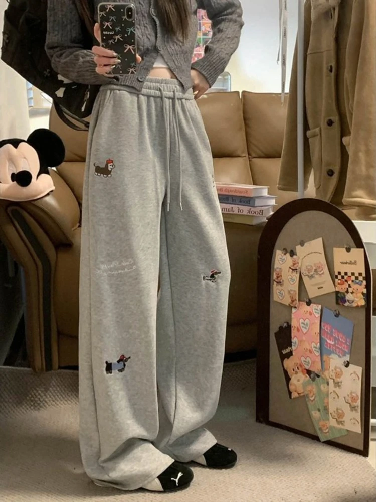 

Женские широкие брюки с принтом милого такса-щенка, утепленные флисом, свободного кроя, в стиле BF, для весны, повседневные спортивные штаны