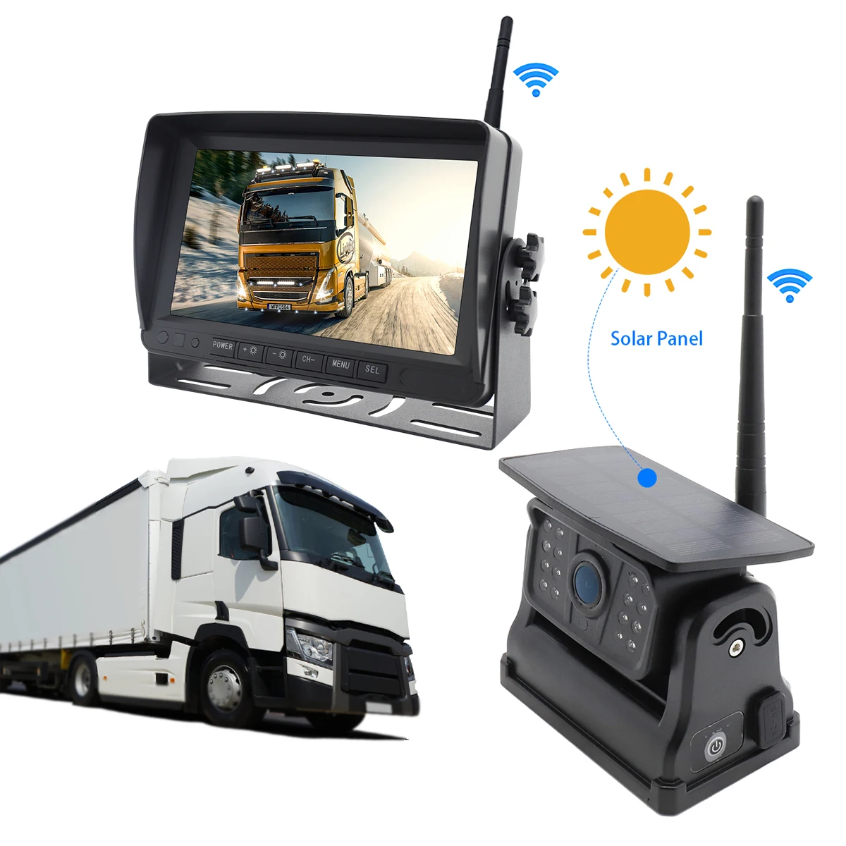 YWX Magnetic Solar Wireless Backup Camera HD1080P DVR 7" IPS Monitor Reverse Camera System for RV Camper Trailer Semi Truck