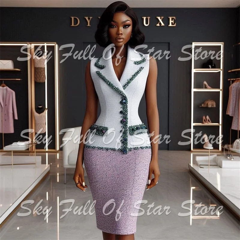 Women Suit Set 2 Pcs Tweed Sleeveless Blazer Vest Rhinestone Trim+Purple Midi Pencil Skirt Custom Formal Wedding Lady Outfit