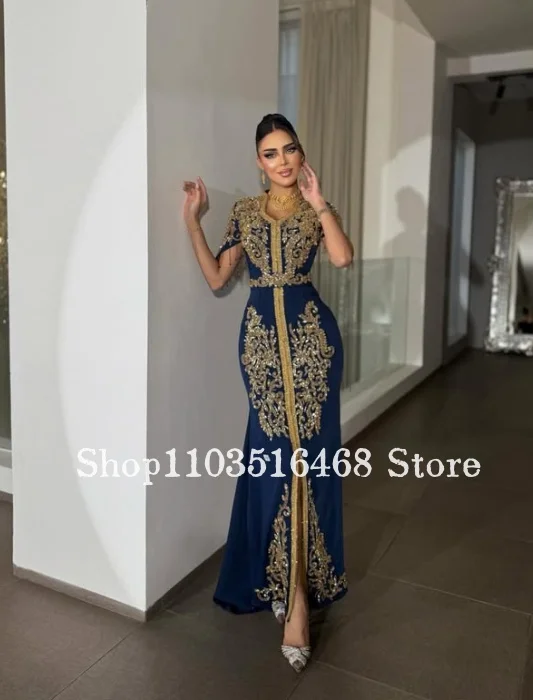 Suknia wieczorowa w kolorze granatowym, inspirowana Bliskim Wschodem, zdobiona koralikami, luksusowa, haftowana, arabska suknia balowa, suknia na wesele, sukienka na przyjęcie, formalna suknia bankietowa.