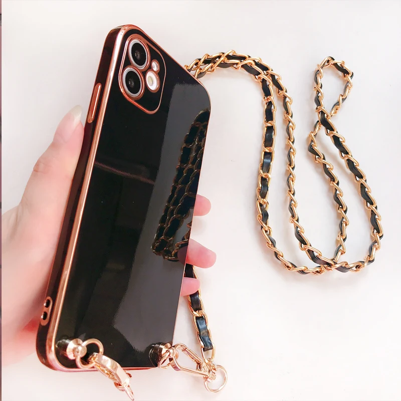 Crossbody Leather Lanyard Necklace Metal Chain Phone case for iPhone 15 14 13 11 12 Pro Max Mini 6 8 7 Plus Xr X Xs SE 202 Cover