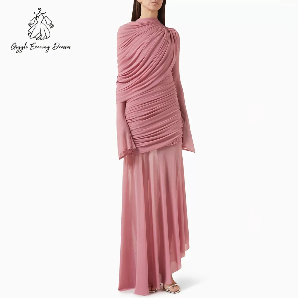 

Giggle Elegant Ruched Asymmetric Slim Maxi Dress High Neck Long Sleeve Pleats Spring Fashion Women's Prom Party Gowns Customized