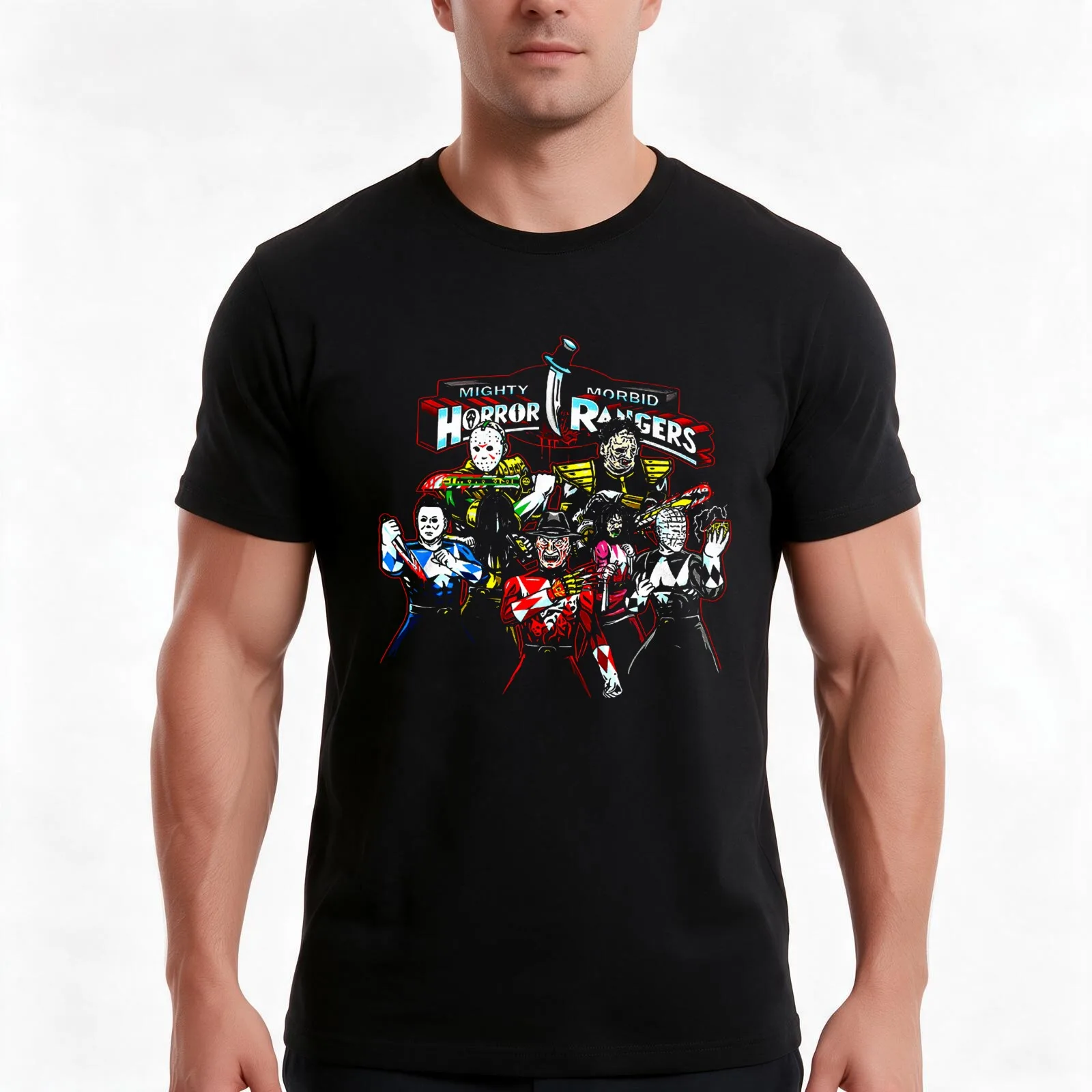 Mighty morbid Horror rangers T-Shirt, Summer Casual Cotton Tee, Oversized Streetwear Tops, Vintage Graphic Print, 100% Cotton