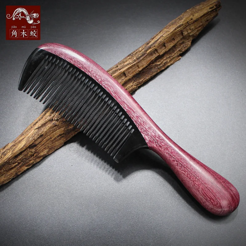 Purple heart wood comb with horn inlay, round head, thickened handle