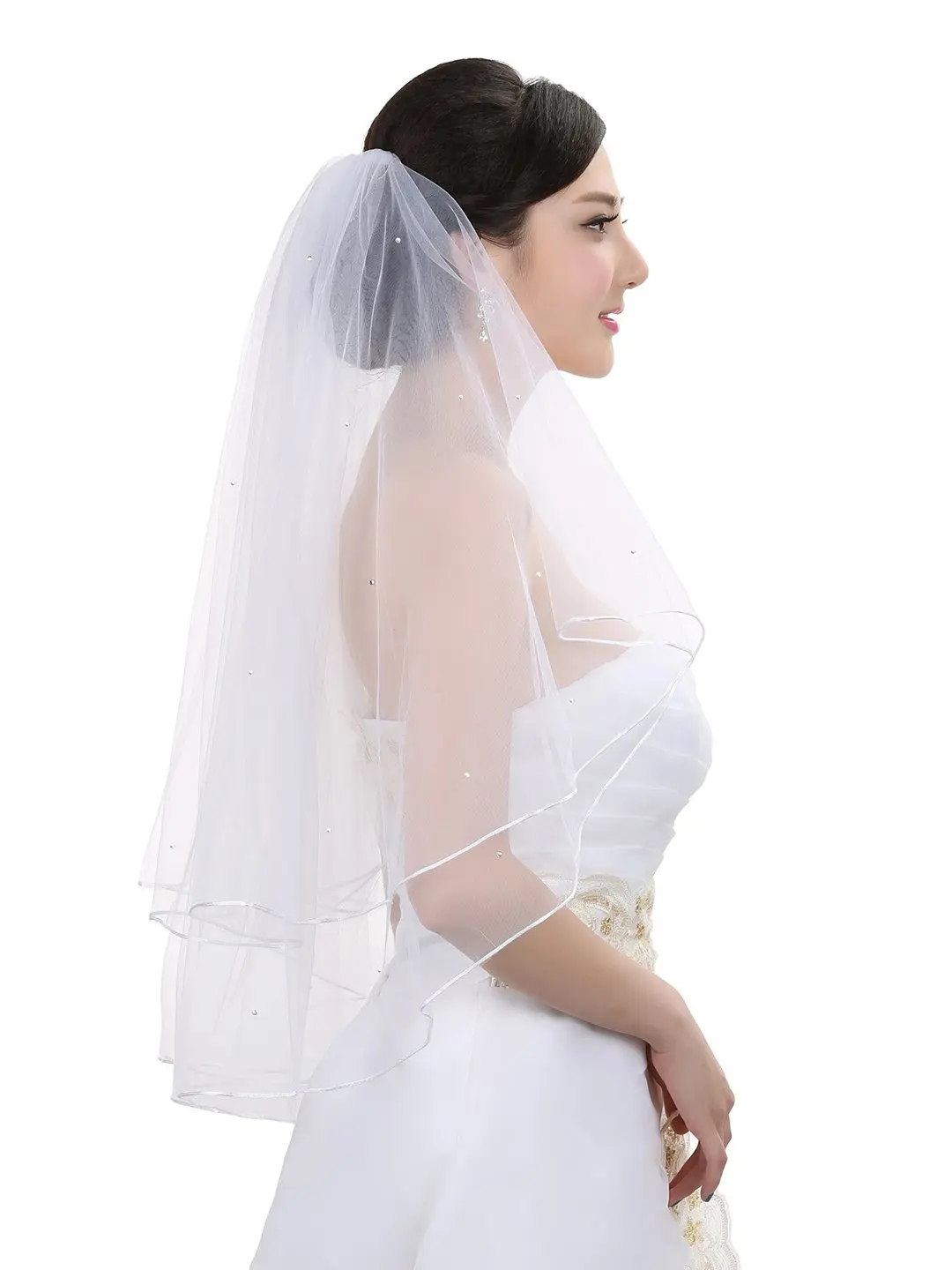 2T 2 Tier Rattail Scattered Rhinestone Crystal Bridal Wedding Veil