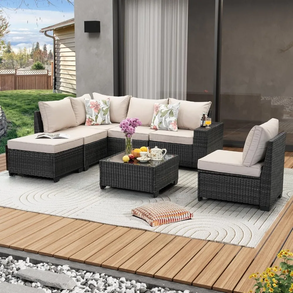 

7 Pieces Patio Furniture Set All-Weather Outdoor Wicker Sectional Conversation Sofa Rattan Patio Seating Sofa with Cushion and G