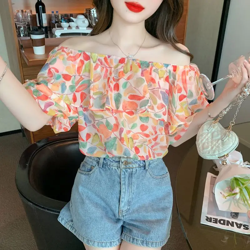 Women\'s Summer New Elegant Printed Spliced Ruffles Chiffon Blouses Sexy Slash Neck Sweet Loose Fashion Bubble Short Sleeve Shirt