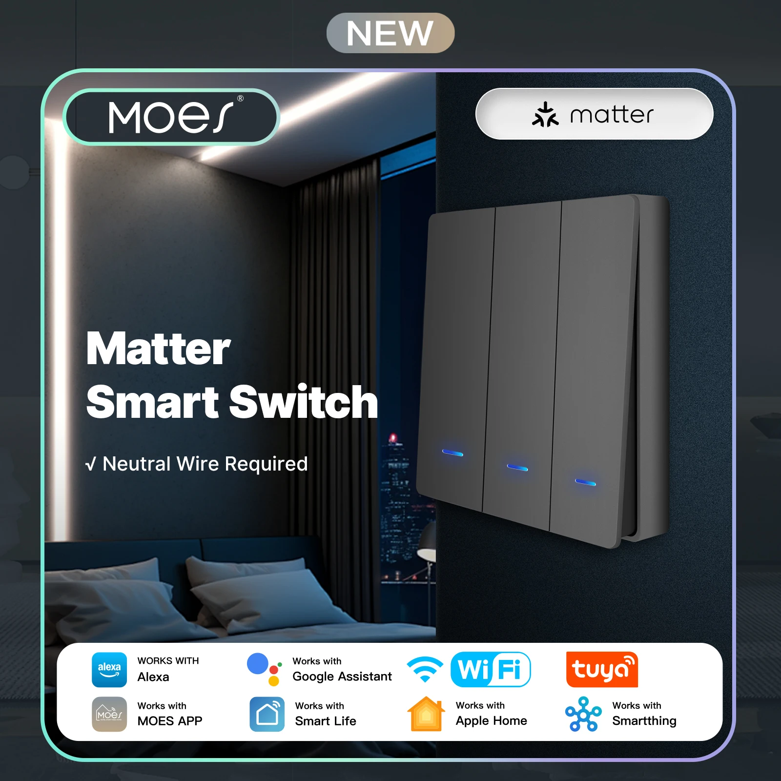 

MOES Smart Light Switch EU WiFi Tuya Matter, Works with Alexa Google Apple HomeKit SmartThings, App Voice Remote Control