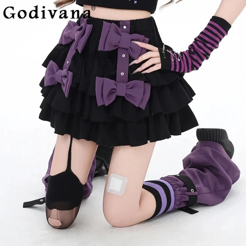 

Sweet Cool Black Purple Sweet Bow Cute Girl Cake Skirt 2025 Summer New Black Chic Personality Versatile Age Reduction Y2k Skirts