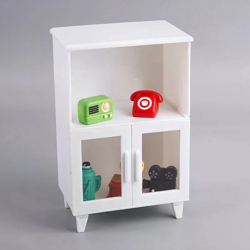 

1Set Miniature White Cupboard Display Cabinet Storage Lockers +ornament Furniture Model Decor Toy DollHouse Accessories