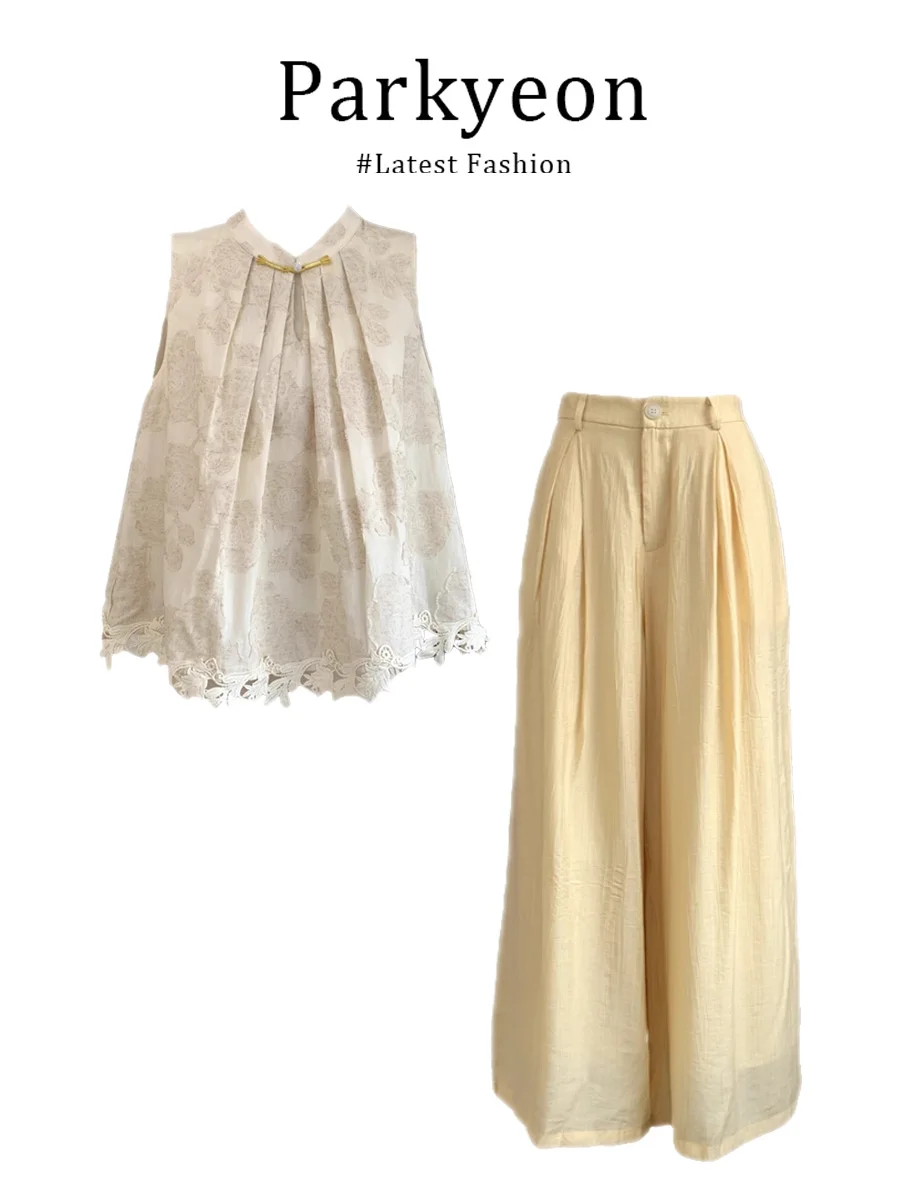 

Parkyeon Fashion Slimming Casual Hollow out Commute Top And Wide Leg Pants Two Piece Set Women's Summer Short Sleeve round Neck