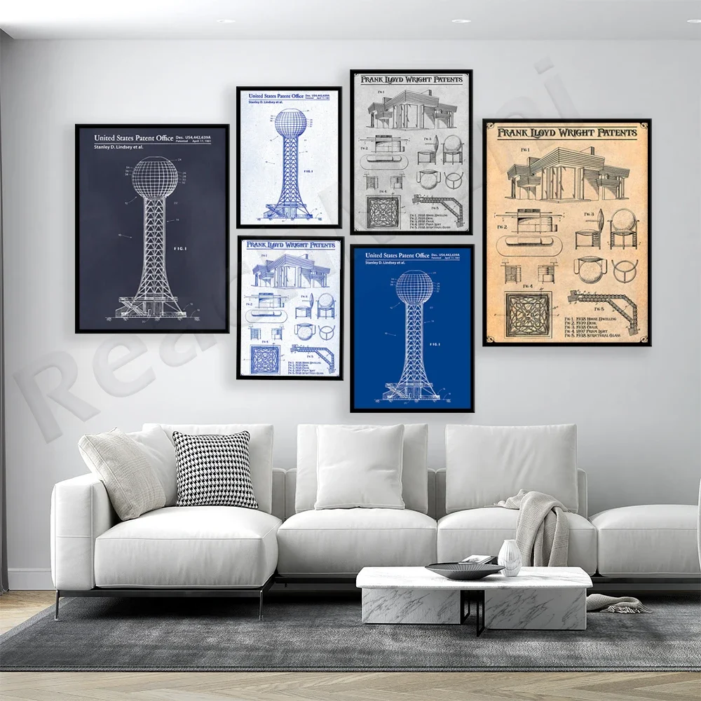 Frank Lloyd Wright House Patent Blueprint Print, Architectural Engineer Gift, Office Wall Art Decor Poster