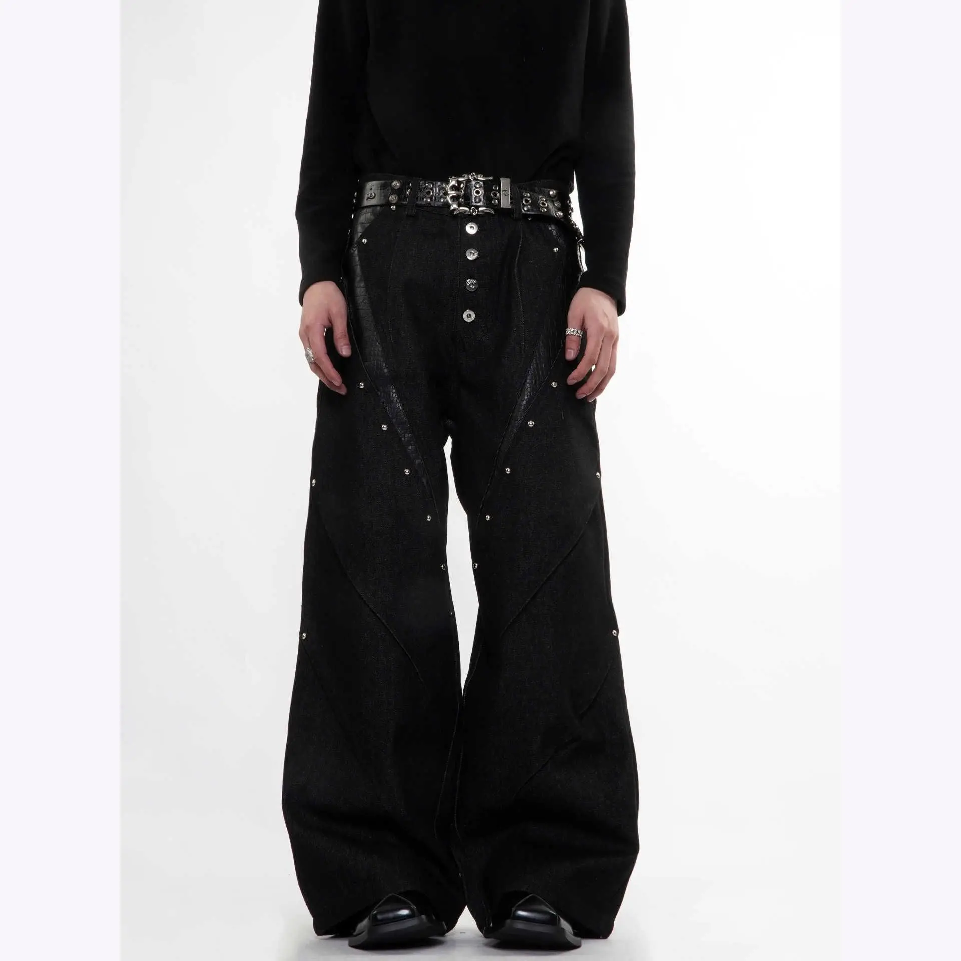 2026 New American Street Deconstruction Splicing Jeans Men's Loose Breasted Rivets Black Wide-leg Trousers