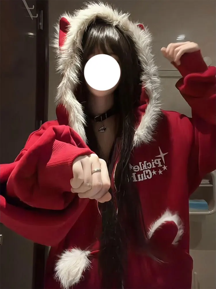 

Cisas Themed Plu Ear Sweatirt Women's INS Winter Fce Lined Lazy Costume Warm Snug Fit with kets