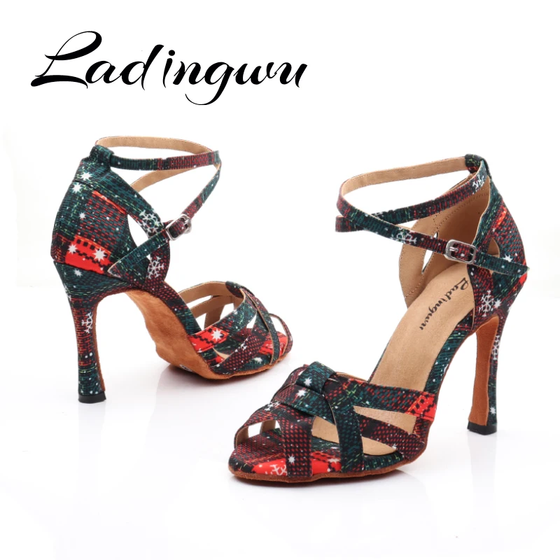 Ladingwu Dance Shoes Christmas Print Denim Salsa Dance Shoes Women\'s Latin Shoes Dance New Design Dance Shoes Sandals