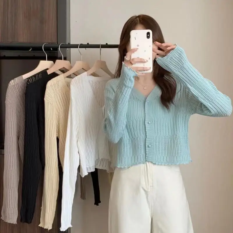 Open Front Women  Thin Sun-protect Solid Cardigan Coat Jackets Short Sleeve Korean Thin Knitted Shirt Female Cropped Top Outwear