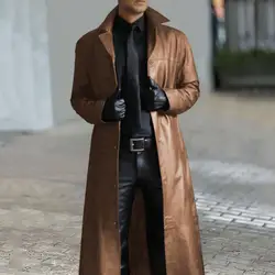 Men Faux Leather Jacket Stylish Men's Faux Leather Trench Coat with Turn-down Collar Windproof Design Slim Fit for Men