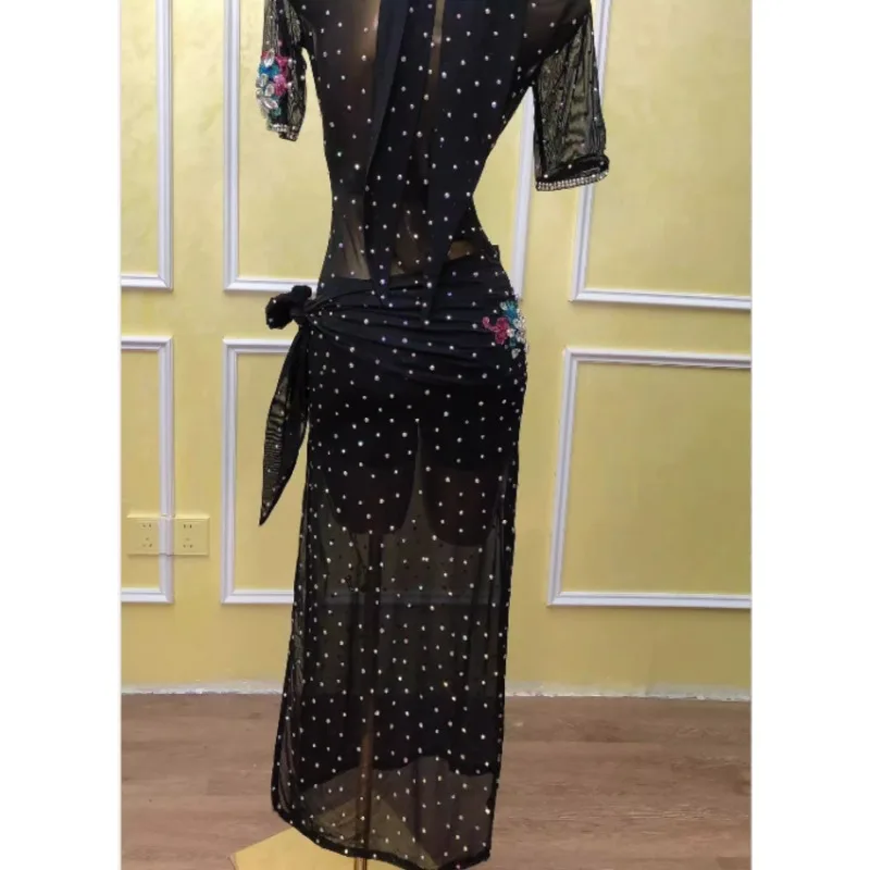 Personalizado novo traje de dança do ventre malha preta quente diamante desempenho vestido disfraces adultos dança exótica
