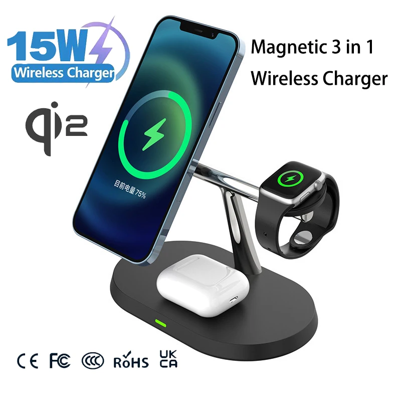 

Подставка для беспроводной зарядки 3-в-1 для iPhone Магнитное зарядное устройство Несколько устройств Совместимость с Apple Watch AirPods Быстрая зарядка