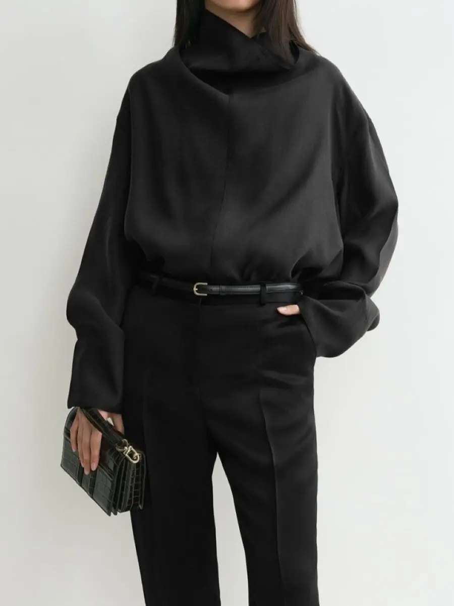 

2025 New Women Loose Blouse Top Solid Color Stand Collar Long Sleeve Casual Ladies Shirt