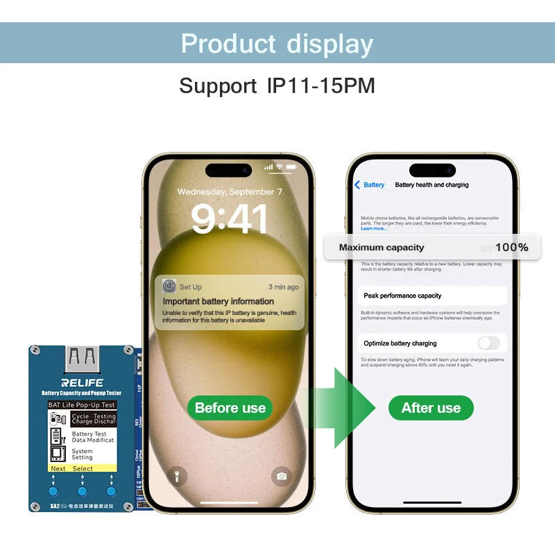 RELIFE XA2 Pro Cable-free Battery Efficiency Setting Tester for IP11-15ProMax Battery Pop-up Window Cycle Times Data Modify Tool