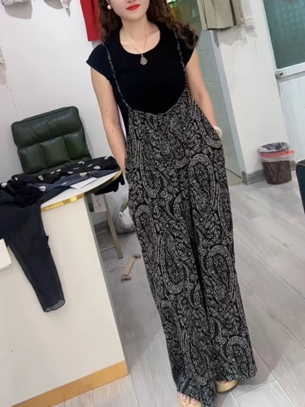 

Большие размеры, повседневные модные цельные брюки с принтом в стиле ретро, женские свободные утягивающие брюки Sli Lazy Sle на бретелях, летняя коллекция