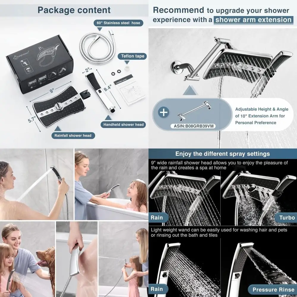 

60 Dual Shower Head Set: Rainfall & Handheld with Black Faceplate and Chrome Finish