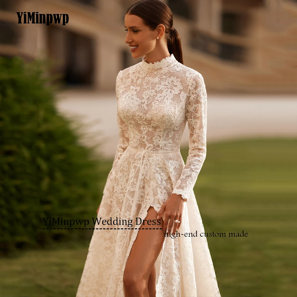 레이스 우아한 웨딩 드레스 2025 신부 긴 소매 아플리케 높은 목 라인 신부 가운 사이드 분할 vestidos de novia 사용자 정의레이스 우아한 결혼식 드레스 2025 신부 긴 소매 애플리케이션 높은 목 라인 신부 드레스 사이드 스플리트 vestidos de novia 주문을 받아서 만들어진
