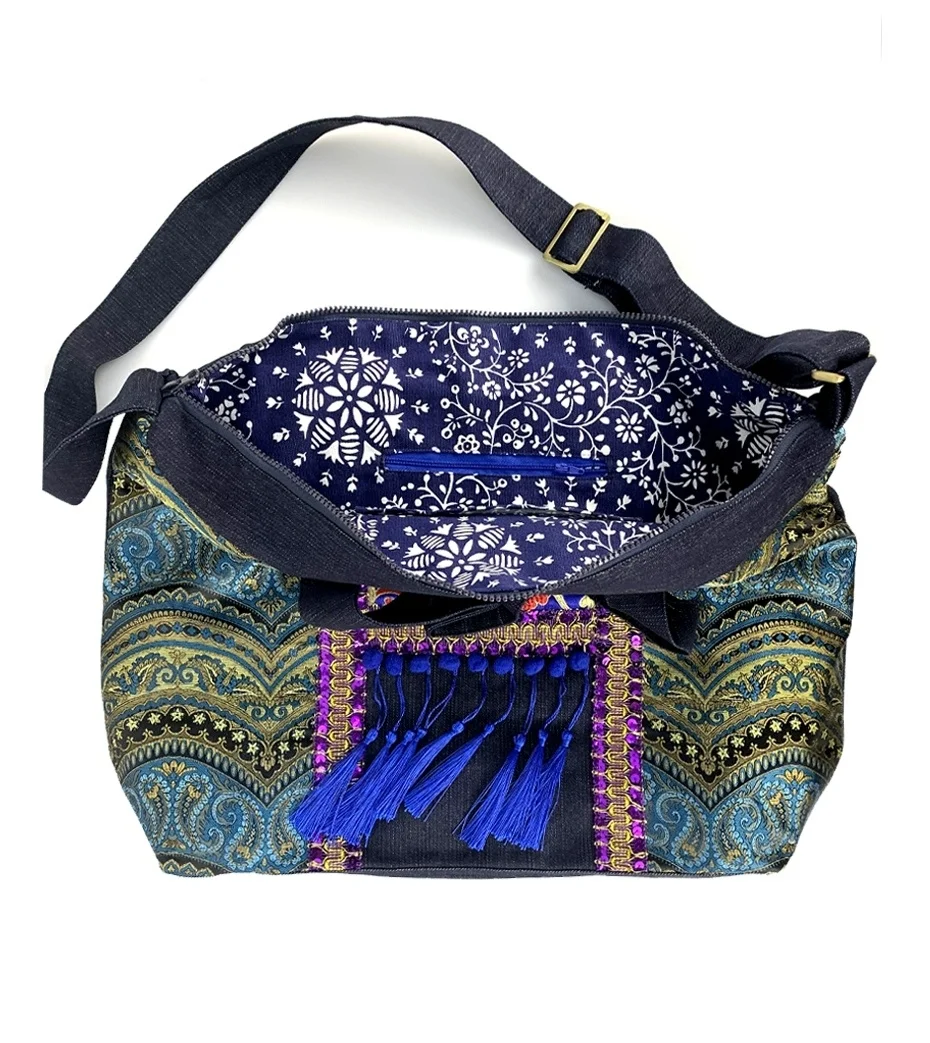 National style embroidered bags Black denim large size canvas bags handmade tassel Vintage Shoulder Messenger ladies Bags