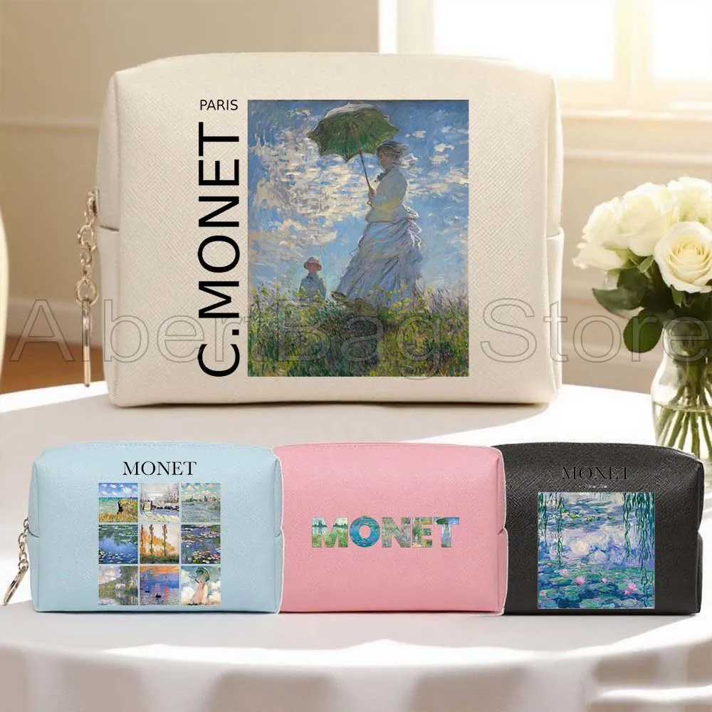 

Claude Monet Sunrise Painting Water Lilies Woman with a Parasol PU Leather Cosmetic Bag Women Makeup Case Waterproof Storage Bag